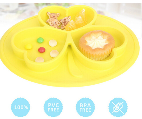Viciviya Children Food-grade Silicone Dinner Plate Non-slip Clover Design Adsorption Dinnerware